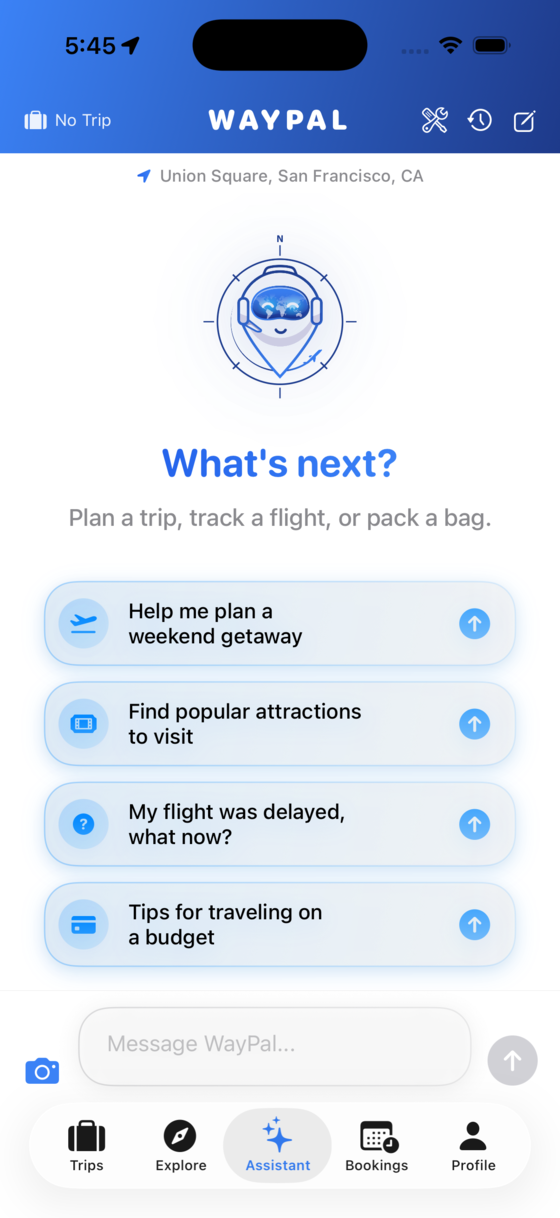 The WayPal assistant offering to plan a weekend getaway, find attractions and handle a delayed flight