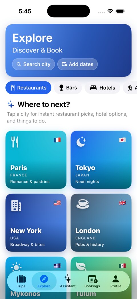 The Explore screen in WayPal showing city cards for Paris, Tokyo, New York and London