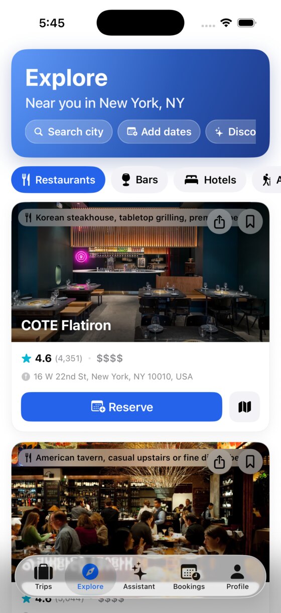Explore in WayPal showing nearby New York restaurants with ratings and a Reserve button