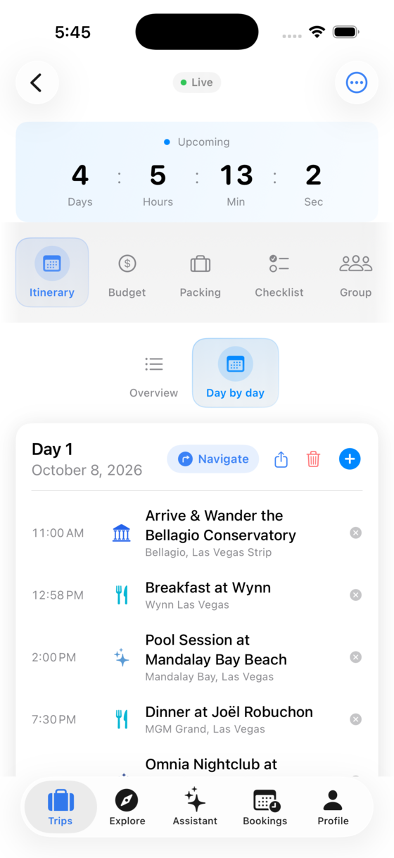 A day-by-day Las Vegas itinerary in WayPal with timed activities and venue names