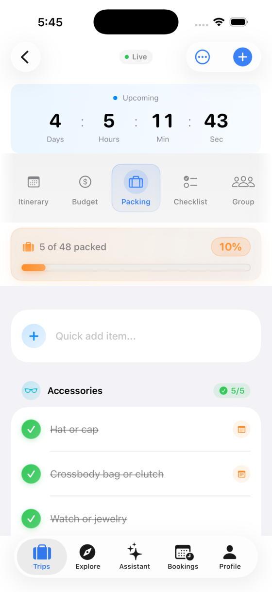A WayPal packing list with items checked off and a progress bar