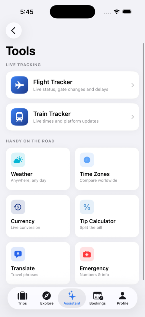 The WayPal tools screen: flight tracker, train tracker, weather, time zones, currency, tip calculator, translate and emergency numbers