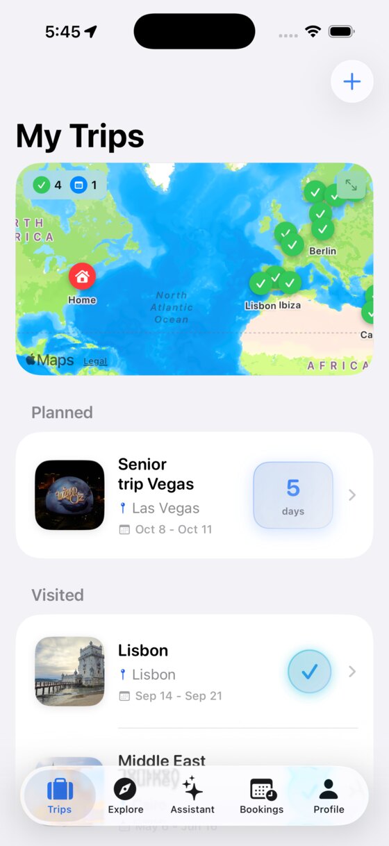 The My Trips screen in WayPal, showing a world map of visited places and an upcoming trip to Las Vegas