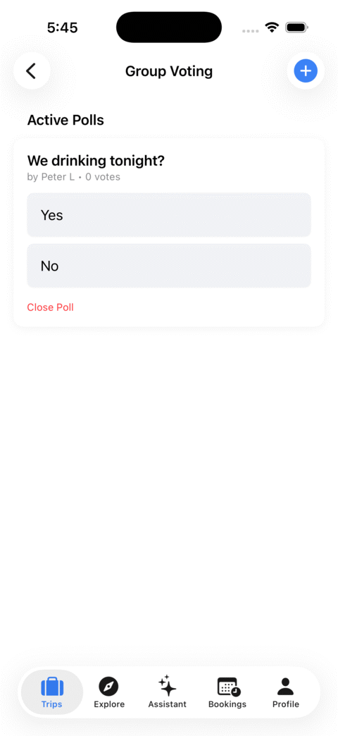 A group poll in WayPal with yes and no options